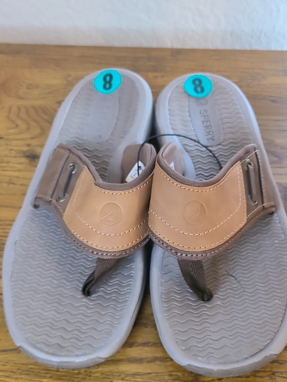 Sperry Tan Leather Thong Sandals with Gray Footbed
